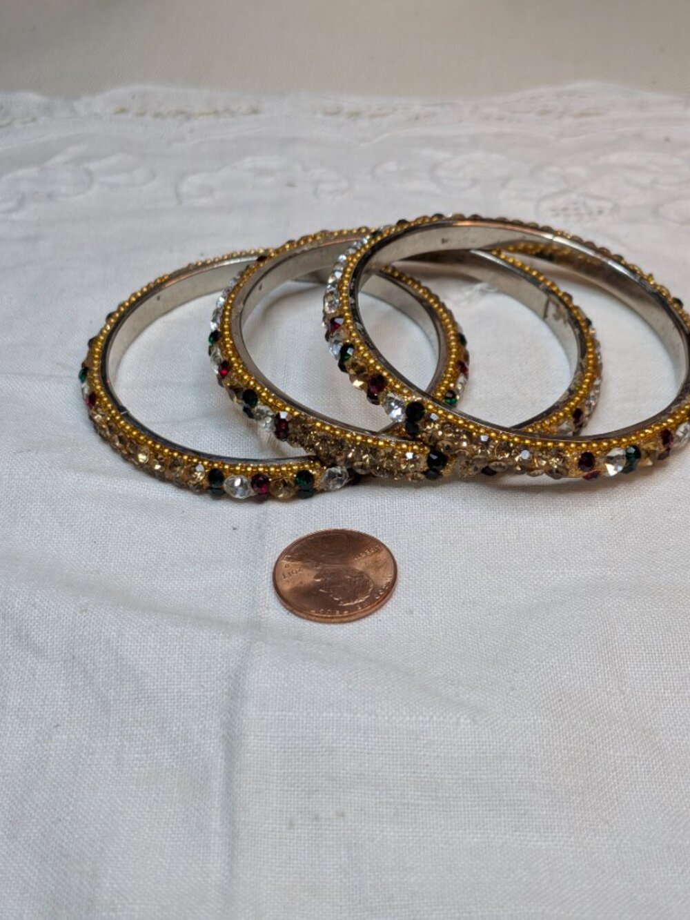 Set of 3 Rhinestone Bangles – Red, Green, Gold & Clear Stones